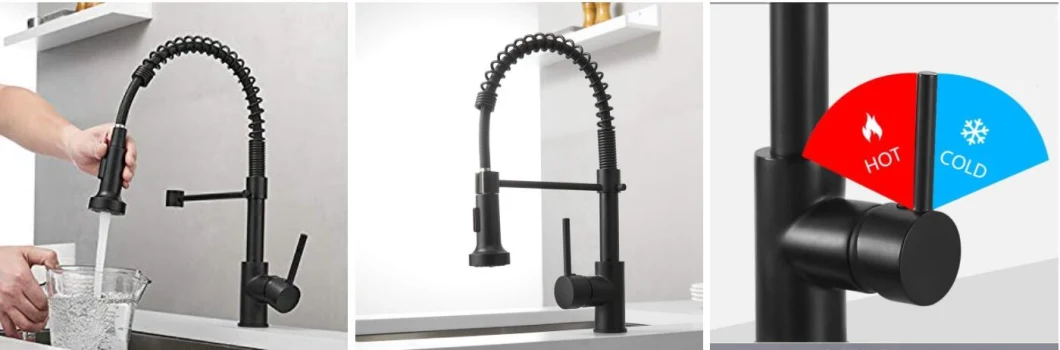 Aquacubic Factory Direct Lead Free Solid Brass Cupc Certified Deck Mounted Single Handle Pull Down Spring Black Kitchen Faucet